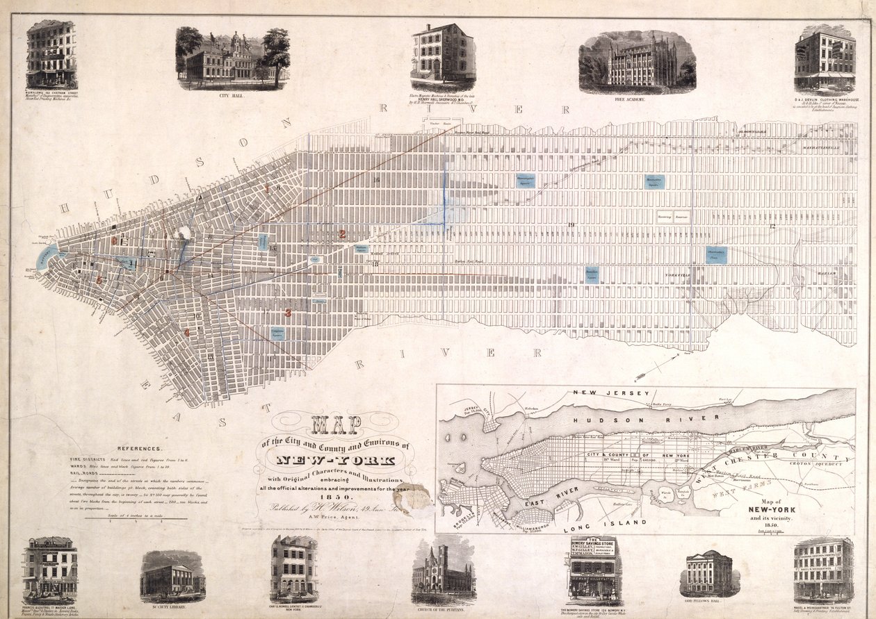 Orijinal karakterler ve çizimlerle New York şehir ve ilçe çevresinin haritası, 1850, 1850 (kağıt üzerine siyah mürekkep, kumaşla desteklenmiştir) by American School