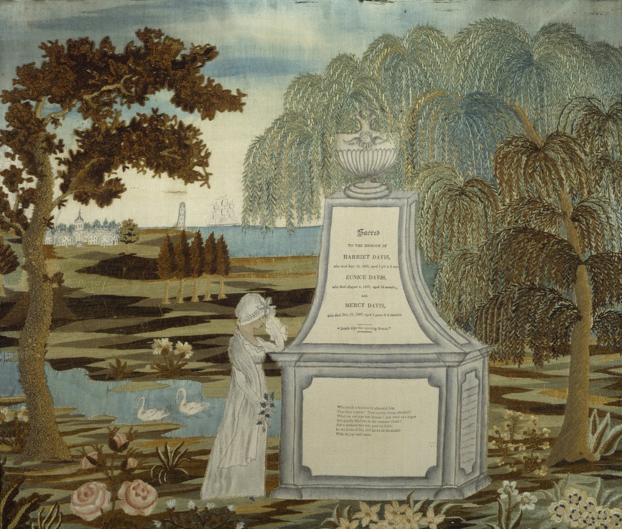 1807 tarihli, 1820-1826 tarihli Memorial İşlemeli Resim (ipek, mürekkep, kağıt ve sulu boya) by American School