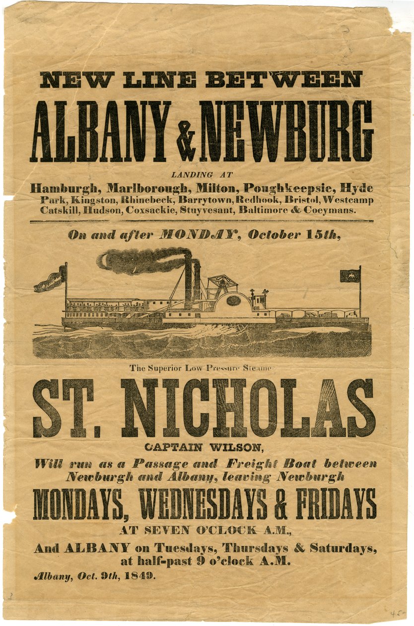 Albany ve Newburg Arasında Yeni Hat... Üstün Alçak Basınçlı Vapur St. Nicholas, 1849 (ahşap gravür) by American School