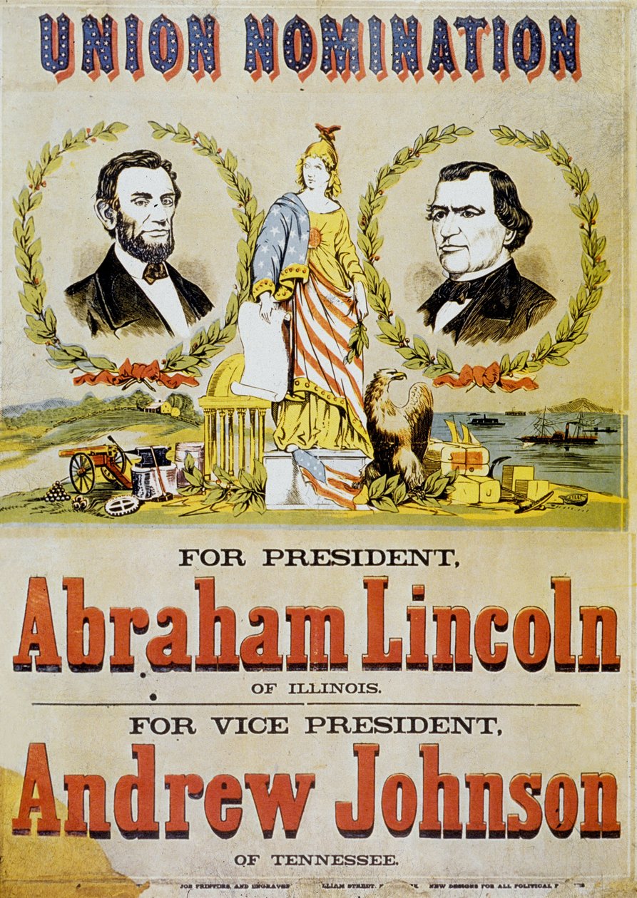Amerikan Başkanlık seçimleri için poster: aday Abraham Lincoln ve Başkan yardımcısı Andrew Johnson, 1860 by American School