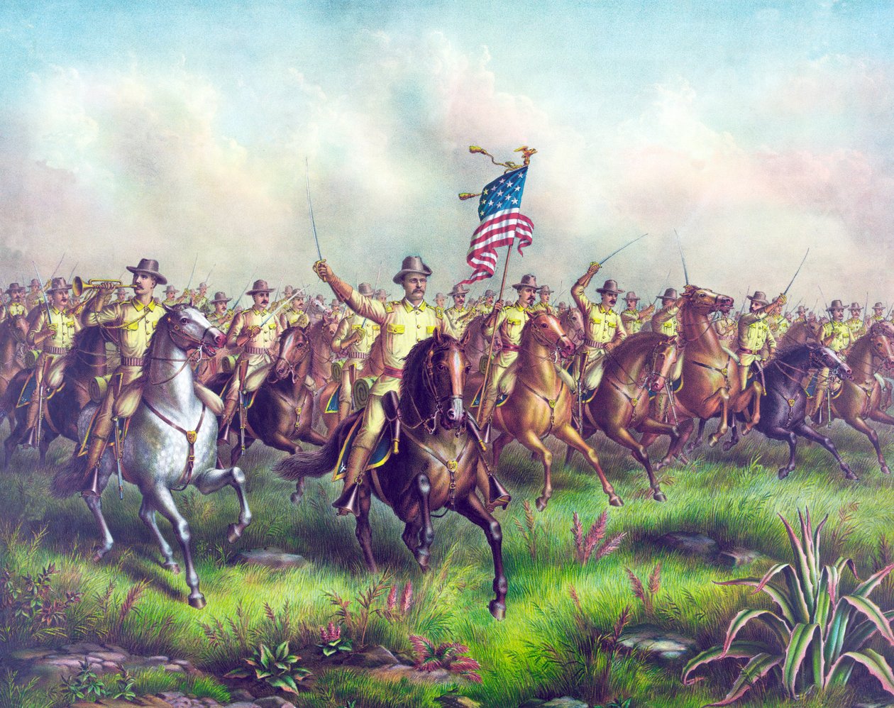 Albay Theodore Roosevelt tarafından yönetilen Rough-Riders, pub. 1898 (el renkli gravür) by American School