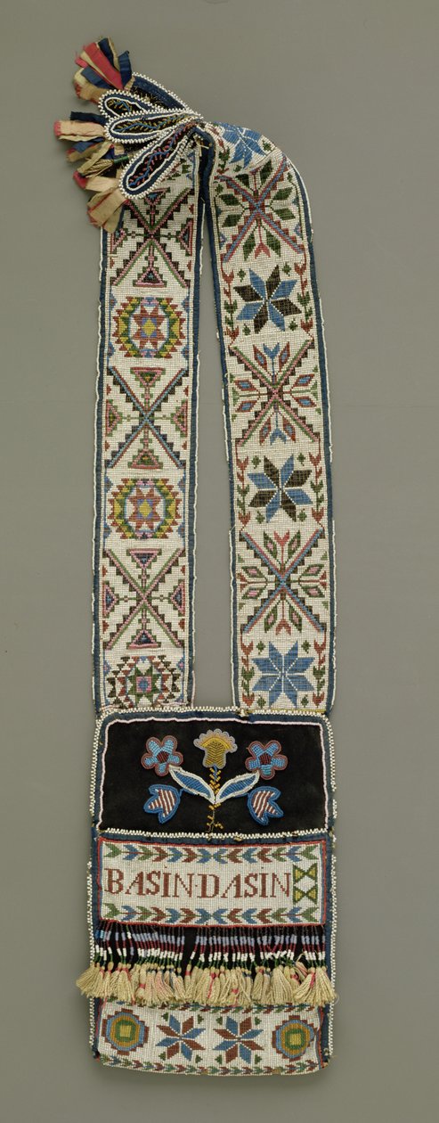 Omuz Çantası, Chippewa, Kızılderili, c.1850 (yün, iplik, pamuk ve iplik, ipek kurdele ve cam boncuklar) by American School