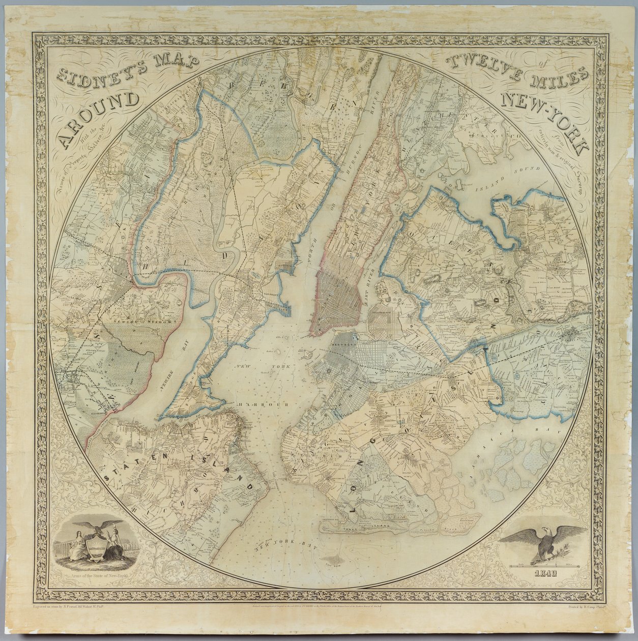 Sidneys Haritası New York Çevresinde On İki Mil, Norman Friend (fl.1850-1871) tarafından litografi, John Henry Camp (1822-1881), 1849 (kromolitografi) tarafından basılmış by American School