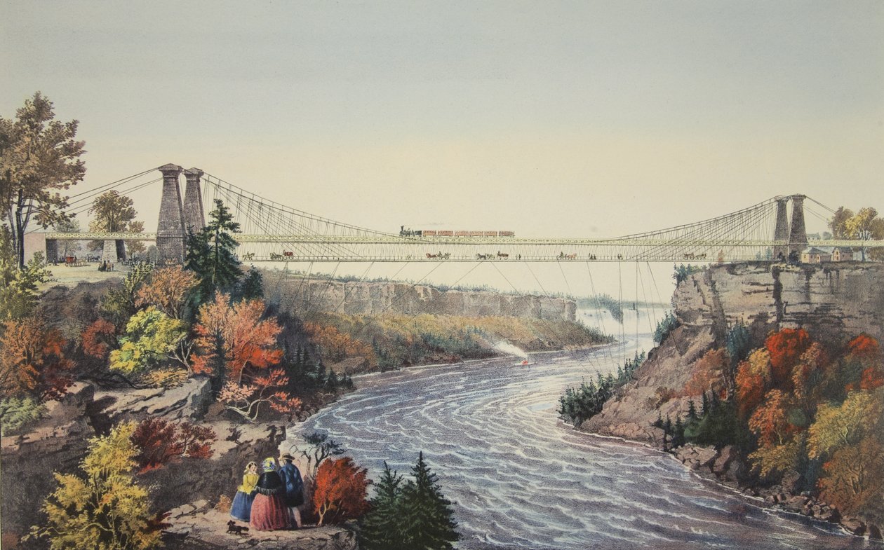 Demiryolu Yolu Asma Köprüsü, Niagara Şelalesi Yakınında, 1856, Currier & Ives by American School