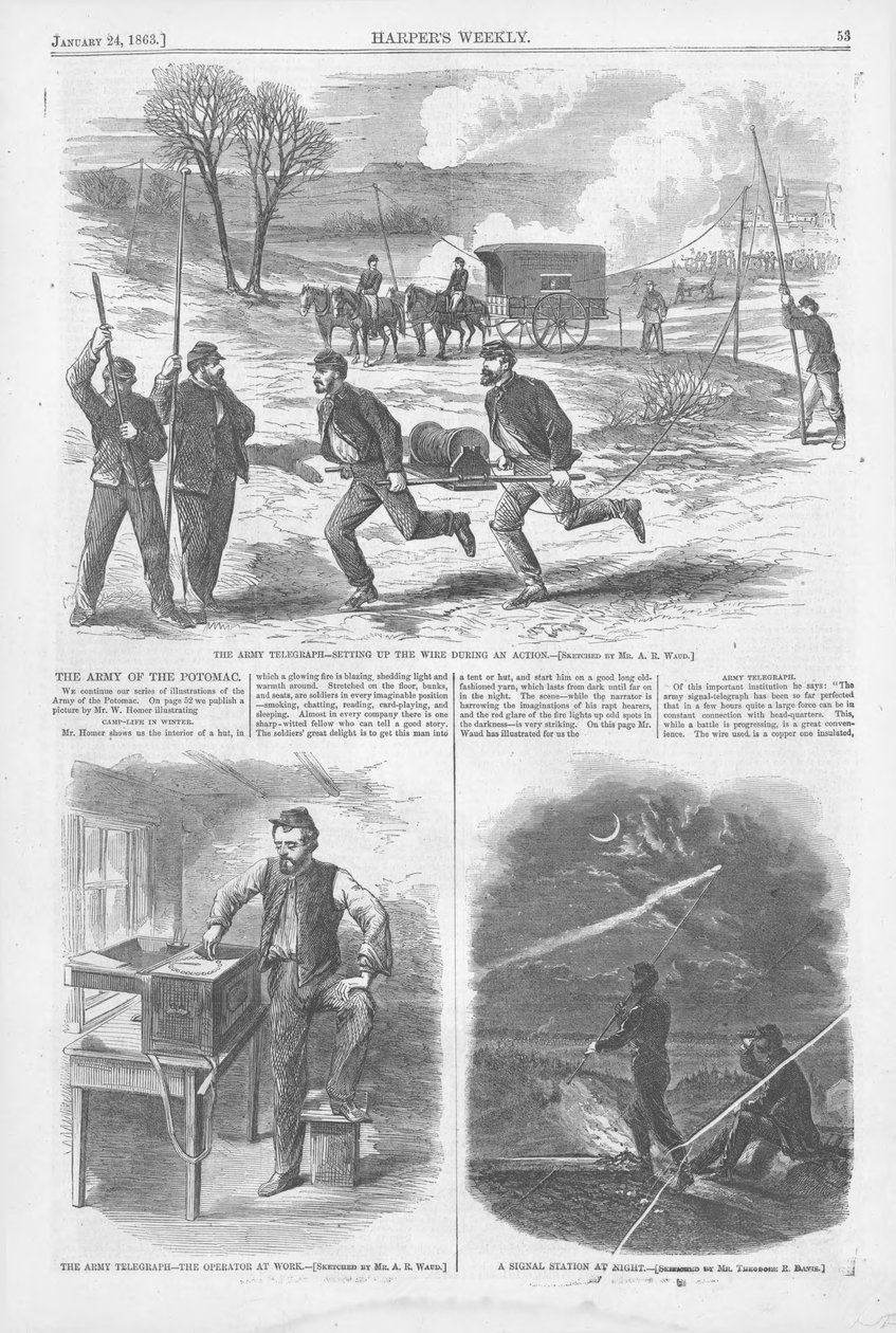 Ordu telgrafı - bir eylem sırasında telin kurulması, Harpers Weekly, v.7, 24 Ocak 1863 (baskı) by American School