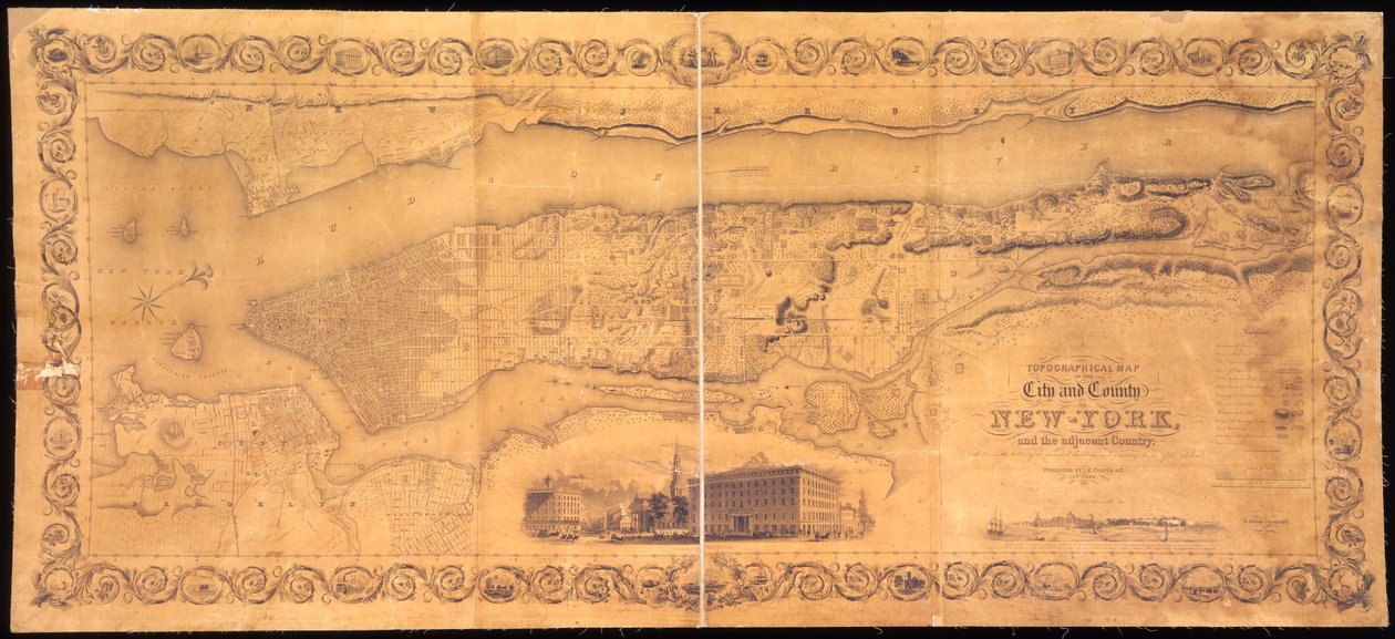 New-York Şehri ve İlçesi ile komşu ülkenin topografik haritası: ana binaların sınırında manzaralar ve adanın ilginç manzarası S. by American School