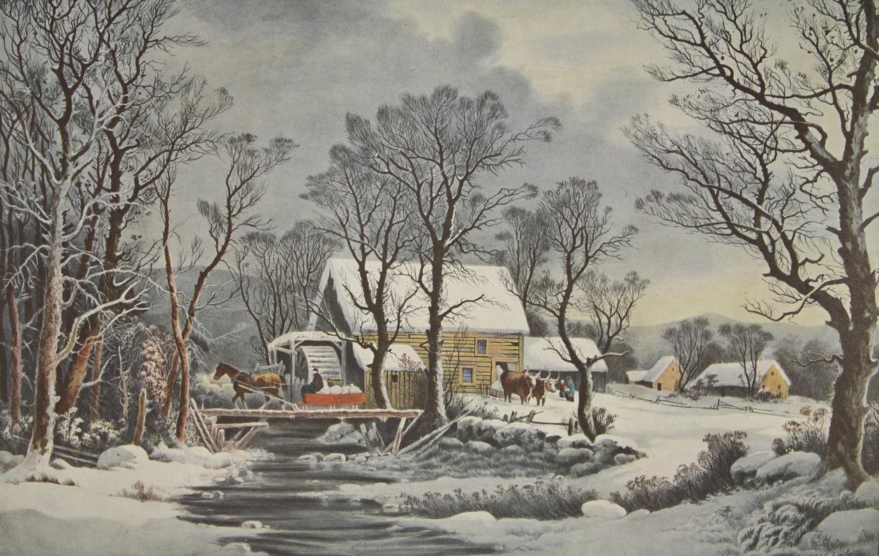 Ülkede Kış - Eski Grist Değirmeni, pub. 1864, Köri & Ives by American School