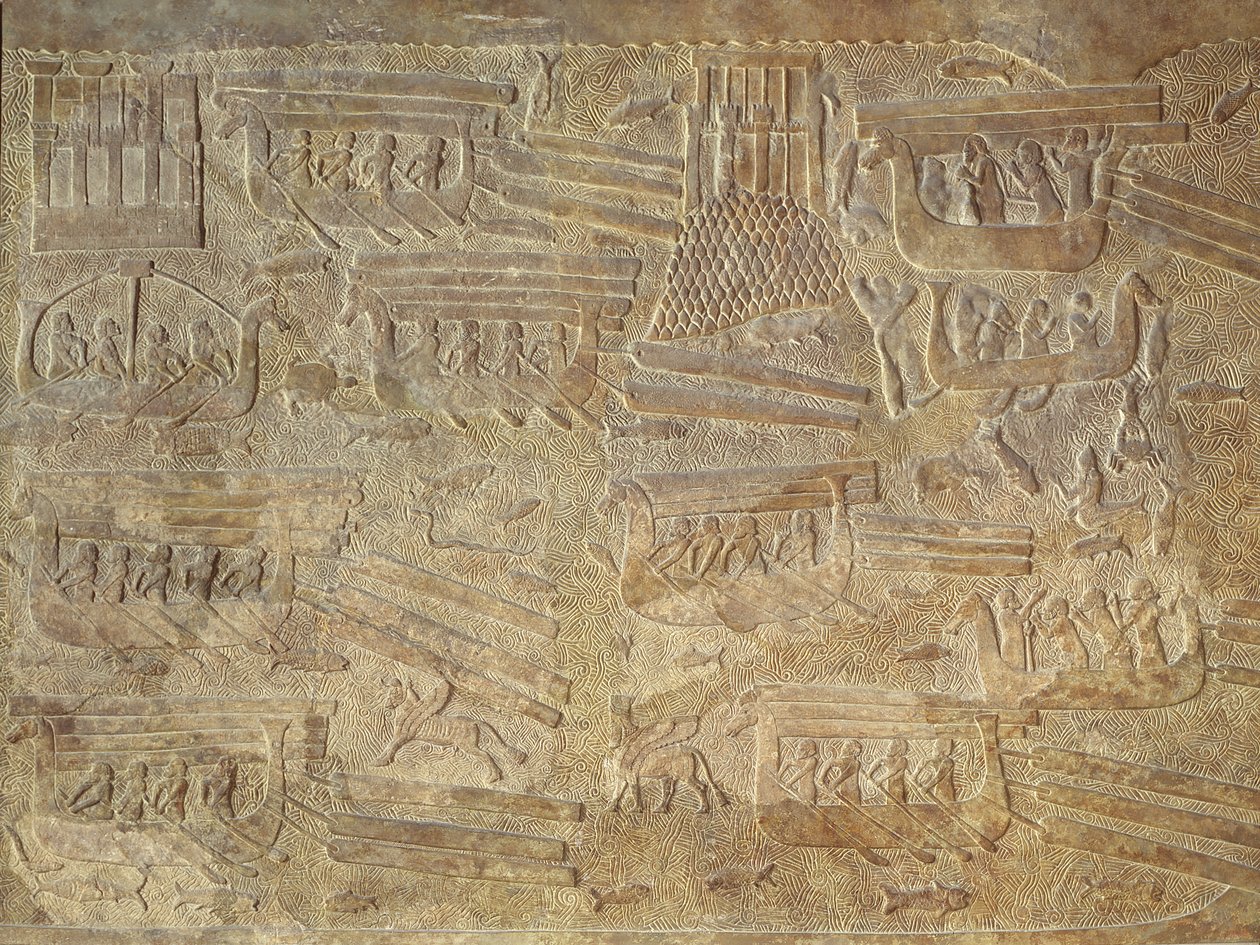 Ahşabın deniz yoluyla taşınmasını gösteren kabartma by Assyrian