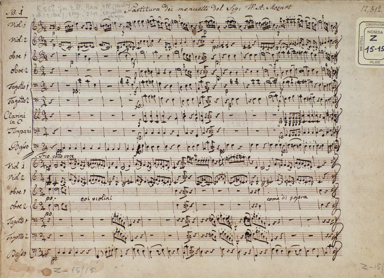 Piyano için 5 kadansta minuet notalarının sayfası, Avusturyalı besteci Wolfgang Amadeus Mozart (1756-1791) tarafından K 568 by Austrian School