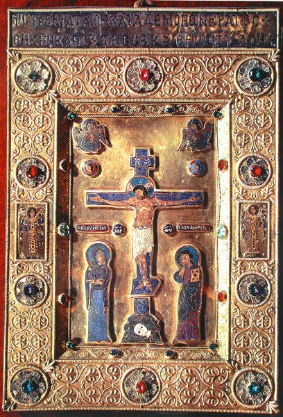 Meryem Ana ve Vaftizci Yahya ile Çarmıha Gerilmeyi tasvir eden plaket (altın, emaye ve değerli taşlar) by Byzantine