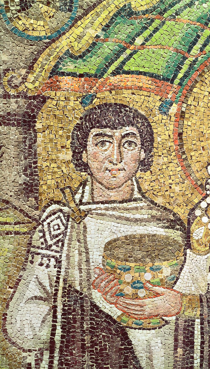 İmparatoriçe Theodora, iki bakan ve yedi kadından oluşan sarayıyla, MS 547 dolayları (mozaik) (220592 detayı) by Byzantine School
