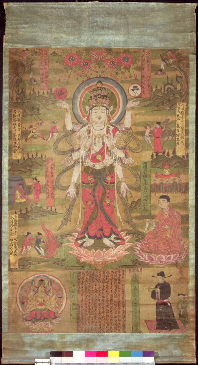 Bir manzarada duran on bir başlı Guanyin