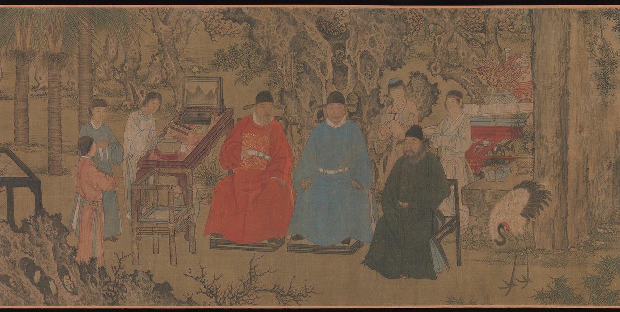 Kayısı Bahçesinde Zarif Buluşma, el kaydırma, c.1437 (ipek üzerine mürekkep ve renk) by Chinese School