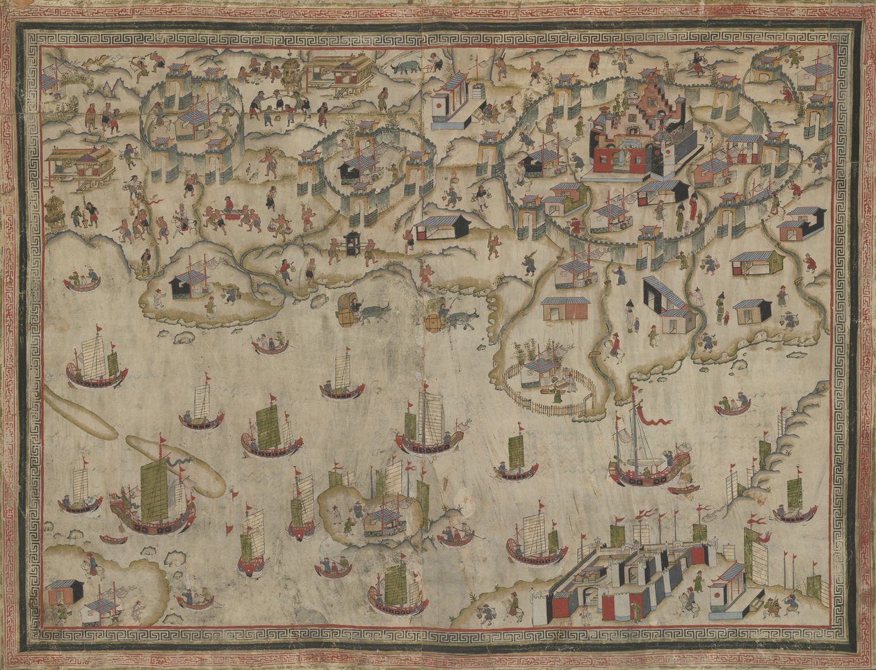 Forts Zeelandia ve Provintia ve Tainan Şehri, duvara asılı (geyik derisinde mürekkep ve renkli) by Chinese School