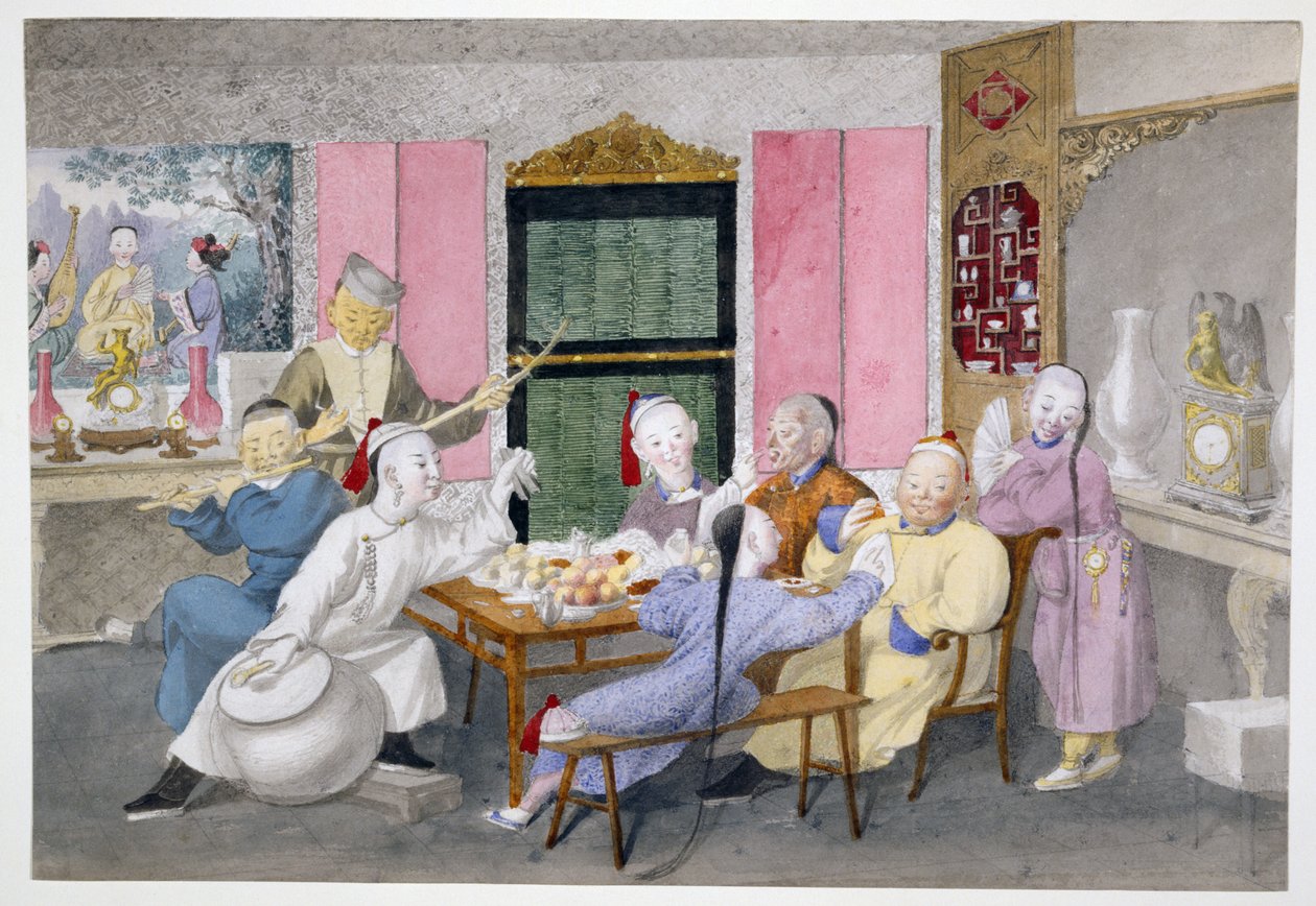 Mandarin müzisyenler tarafından eğlendiriliyor, c.1860 (kağıt üzerinde wc) by Chinese School
