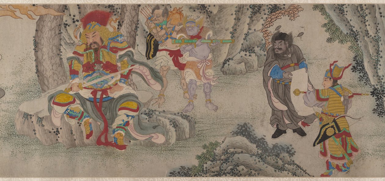Dağları Şeytanları Aramak, el kaydırma, c.1630 (kağıt üzerinde mürekkep ve renkli) by Chinese School