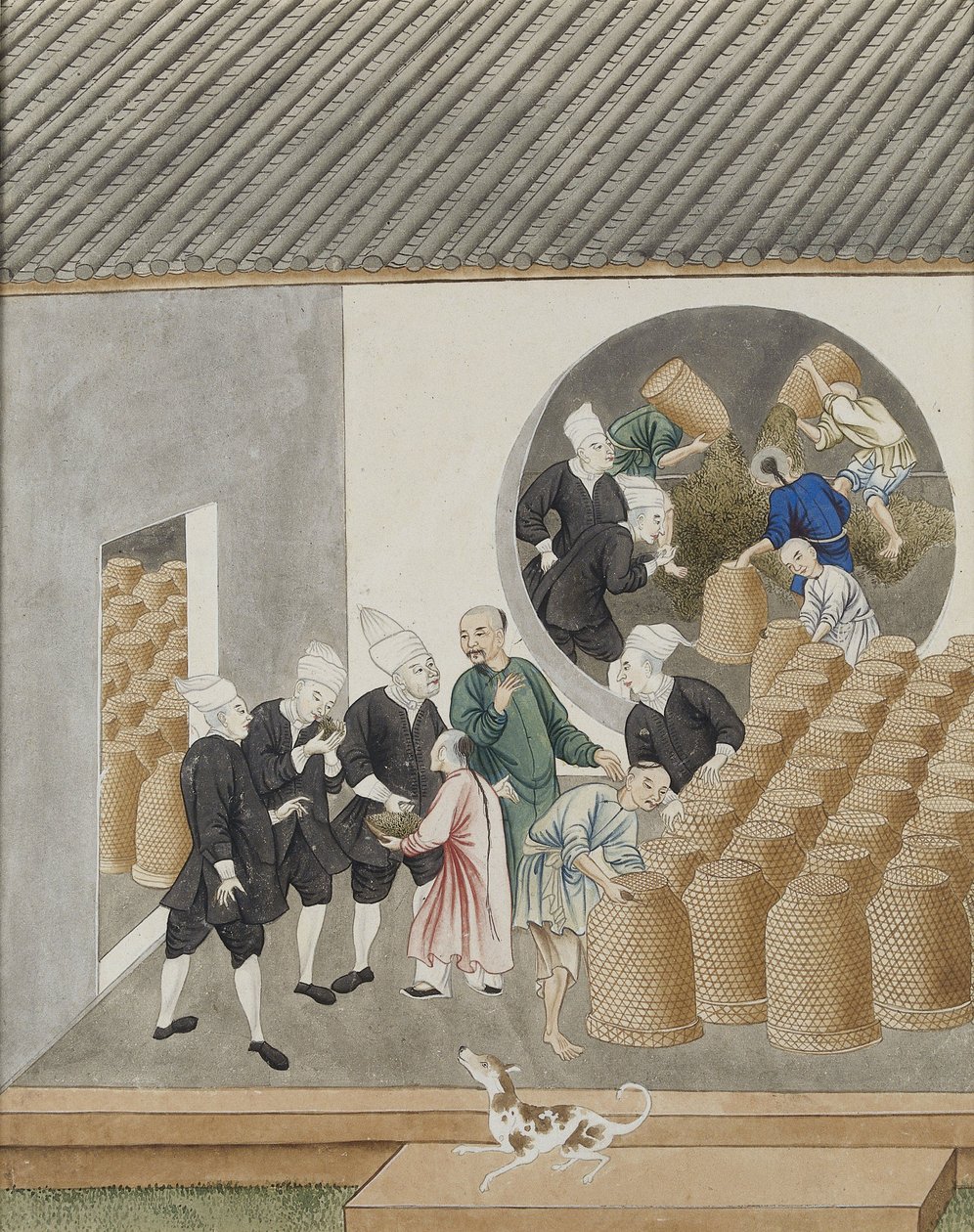 Türbanlı Hollandalı VOC tüccarları, bir Kanton (Guangzhou) çay deposunda kalite için çay kokusu alıyor, c.1770 by Chinese School