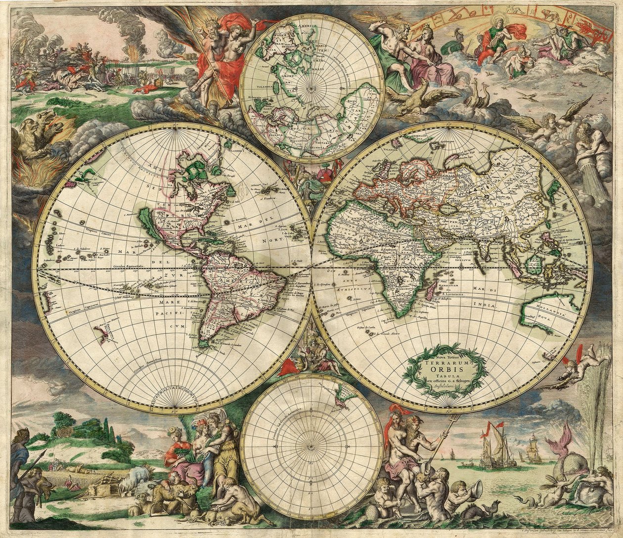G. a Schagen'den sonra Terrarum Orbis Tabula. bar. C. 1689 (el renkli gravür) by Dutch School