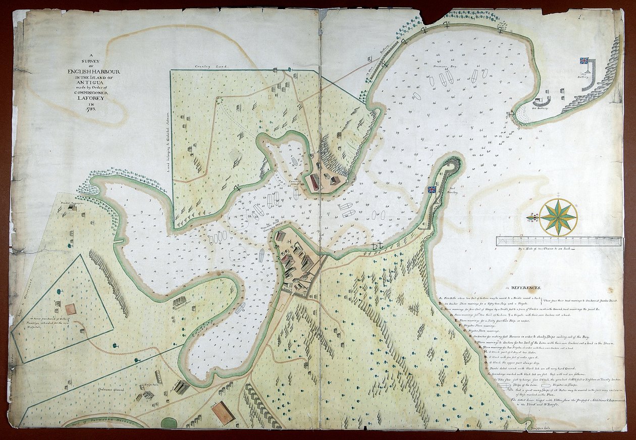 1783'te Komiser Laforey'in Emri tarafından Antigua Adası'ndaki İngiliz Limanı'nın bir Araştırması by English School