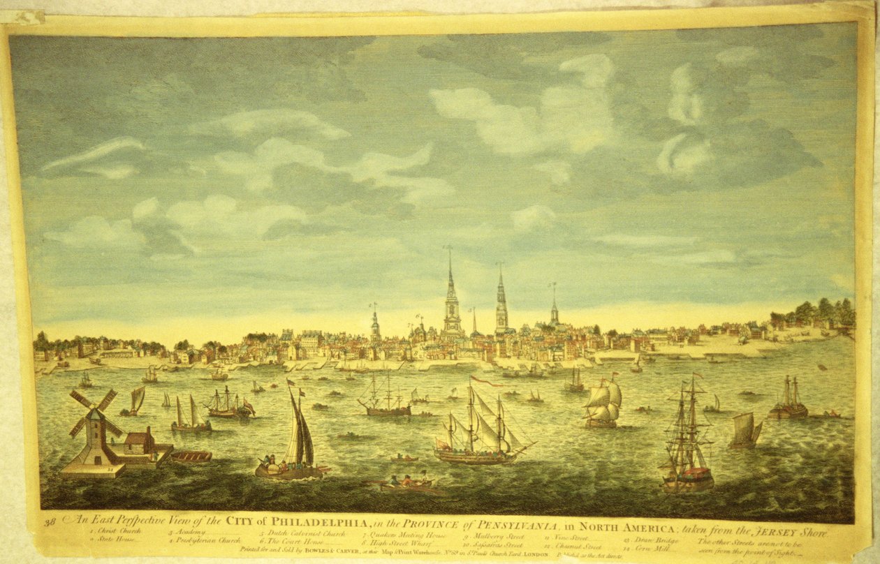 Philadelphia Şehrine Doğu Perspektifi, c.1790 (el boyaması gravür) by English School