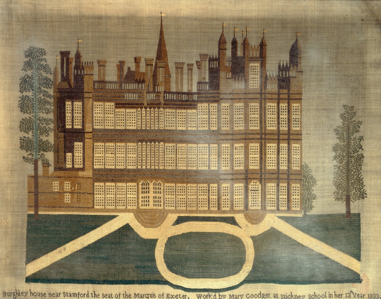 Stamford yakınlarındaki Burghley Evi, 1833 (keten üzerine kanaviçe işi) by English School