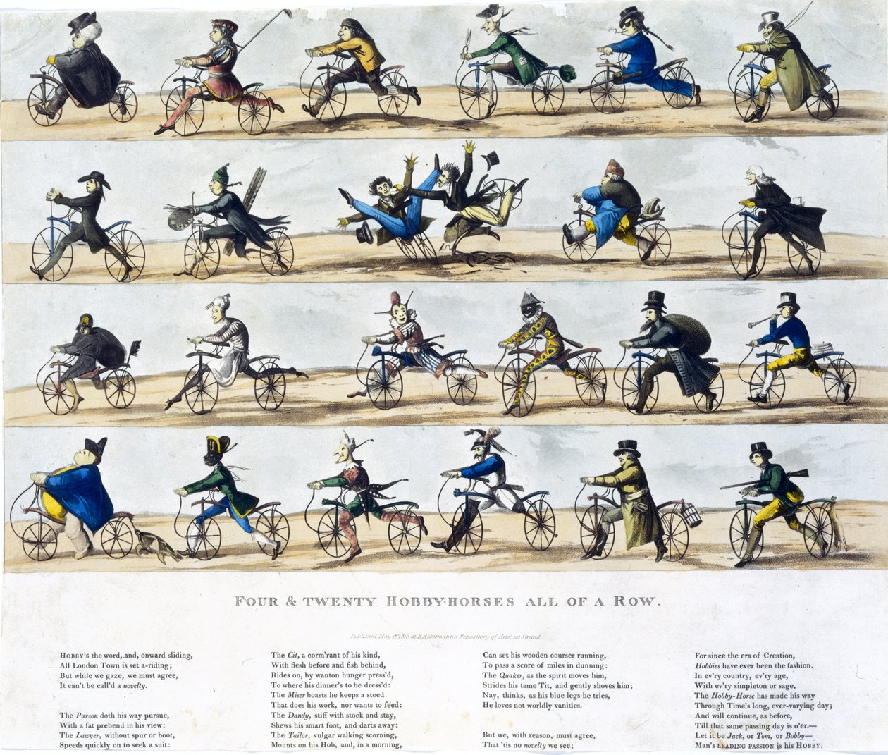 Bir Sırada Dört ve Yirmi Hobi Atları, 1819 (renkli aquatint) by English School