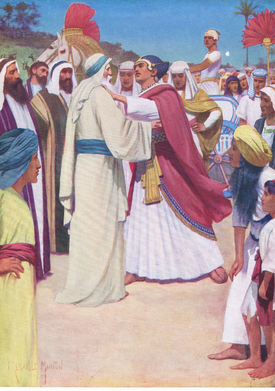 Jacob and Joseph meet, from The Bible Picture Book published by Thomas Nelson, c.1950  by English School
