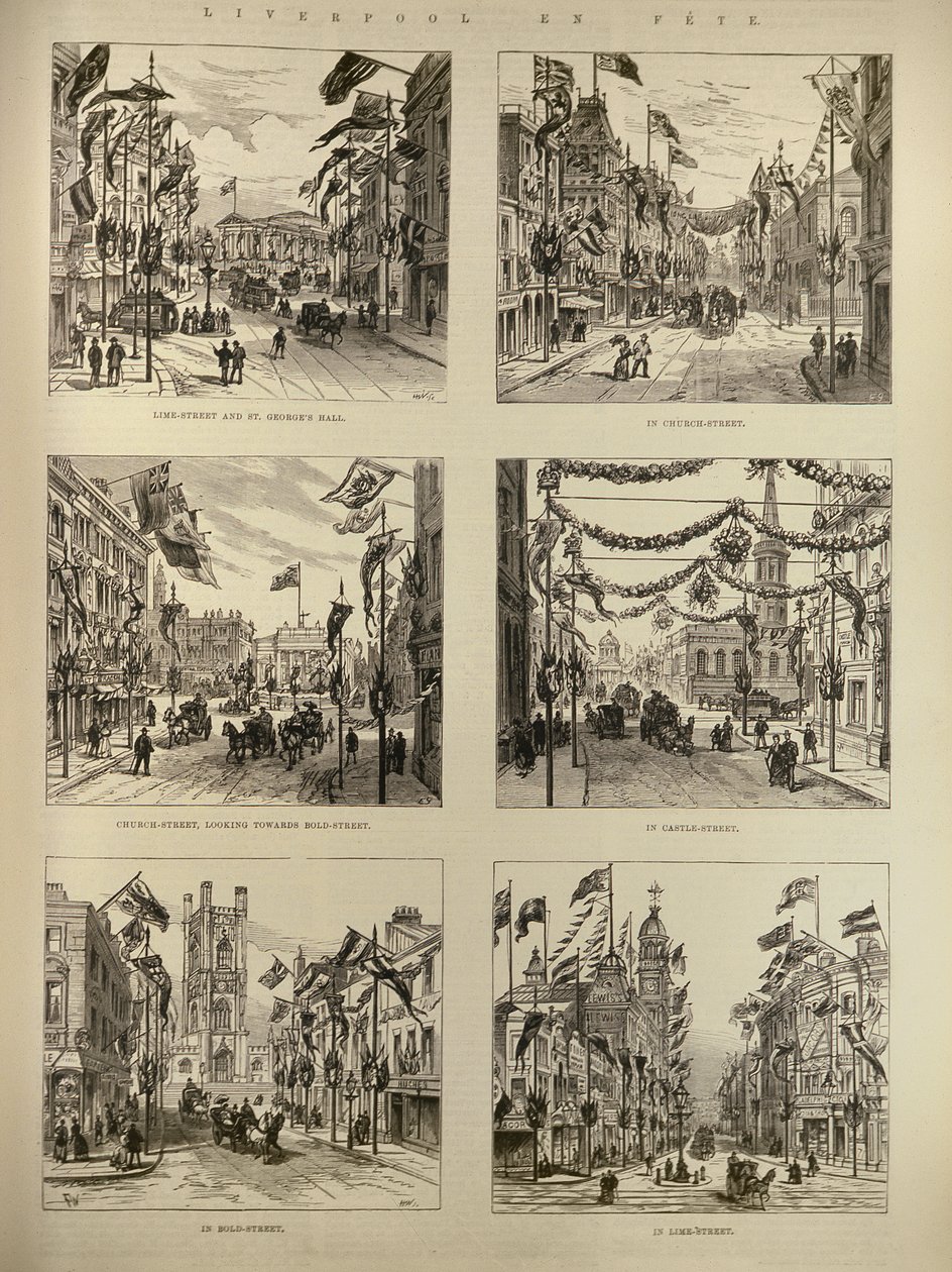 Liverpool en Fete: Lime Street ve St. Georges Hall; Kilise Sokağı; Kale Sokak; The Illustrated London News