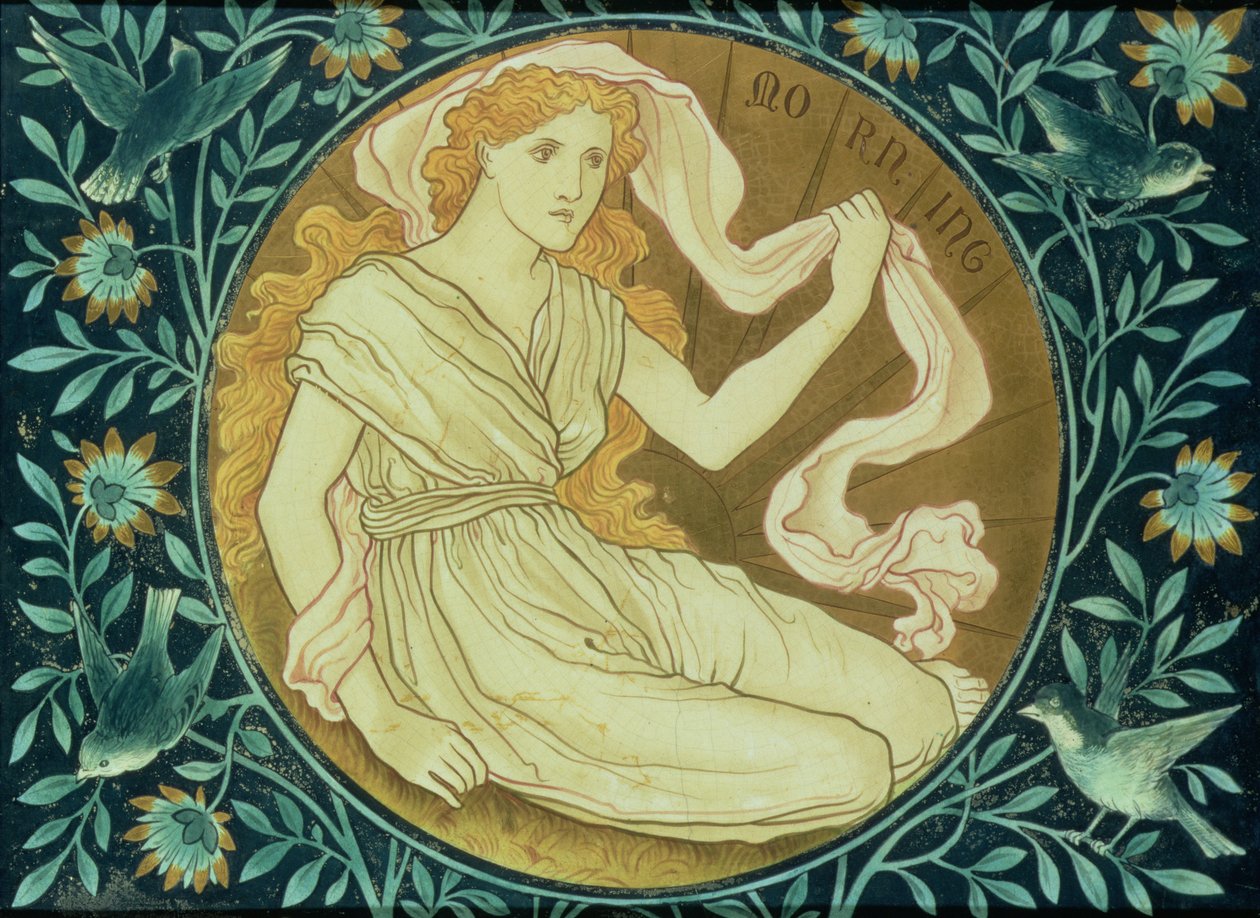 Sabah, Shrigley & Hunt tarafından üretilen, doğan güneşi temsil eden alegorik bir figürle süslenmiş panel, 1876 (seramik) by English School