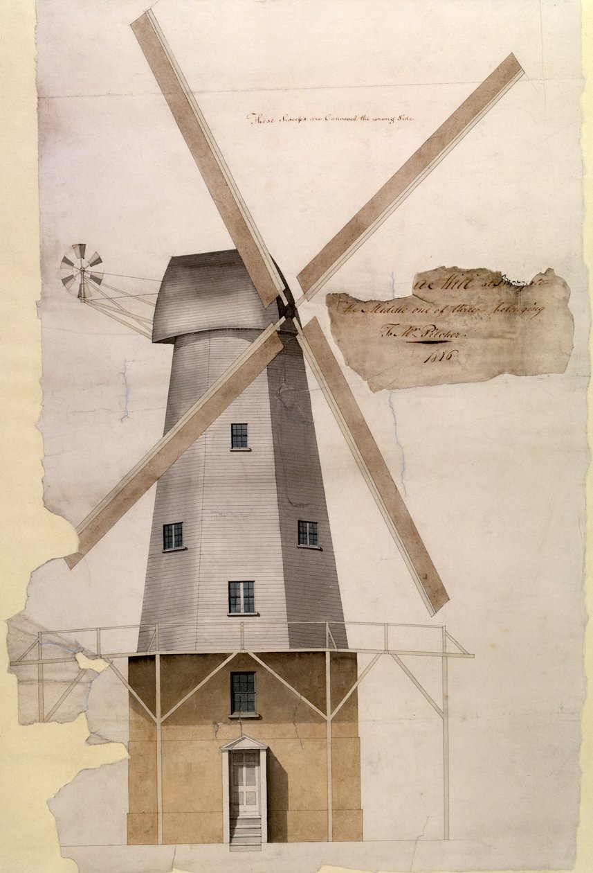 Bay Pilchers Yel Değirmeni, Margate, Kent, 1816 (kalem ve mürekkep, kurşun kalem ve kağıt üzerinde yıkama) by English School