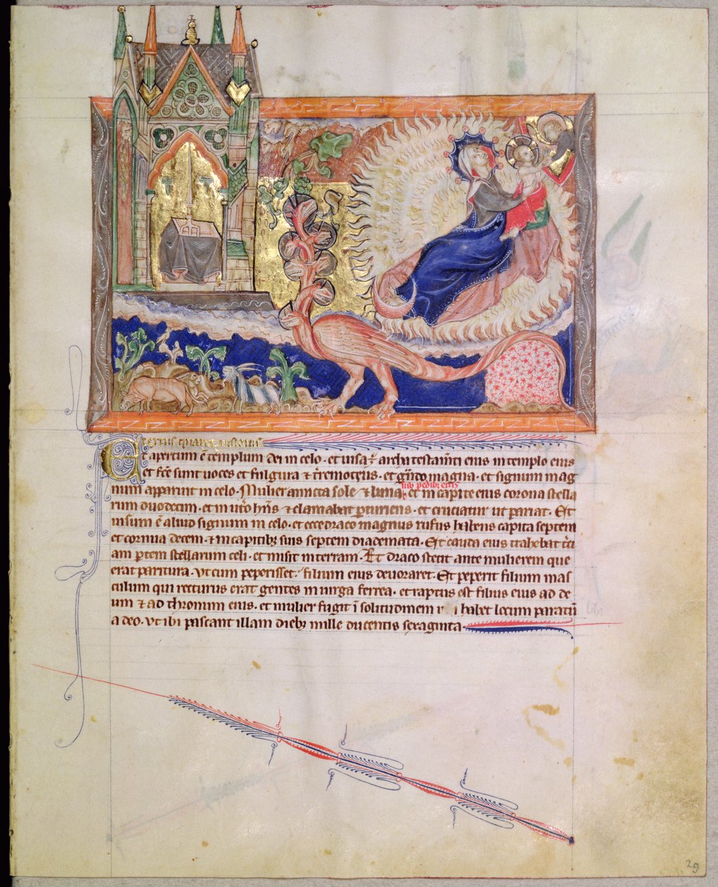 Ms L.A. 139-Lisboa fol.29 Tanrı, erkek çocuğu kırmızı ejderha tarafından yutulmaktan kurtarıyor, Gulbenkian Apocalypse, c.1265-70 by English School