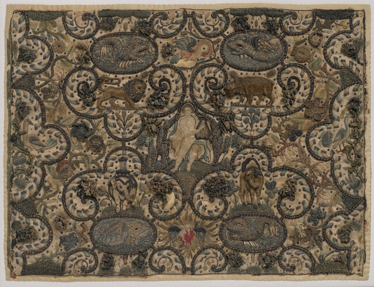 Orpheus, uduyla hayvanları büyüledi, kabartmalı ipek işlemeli, c.1630 (ipek işlemeli) by English School