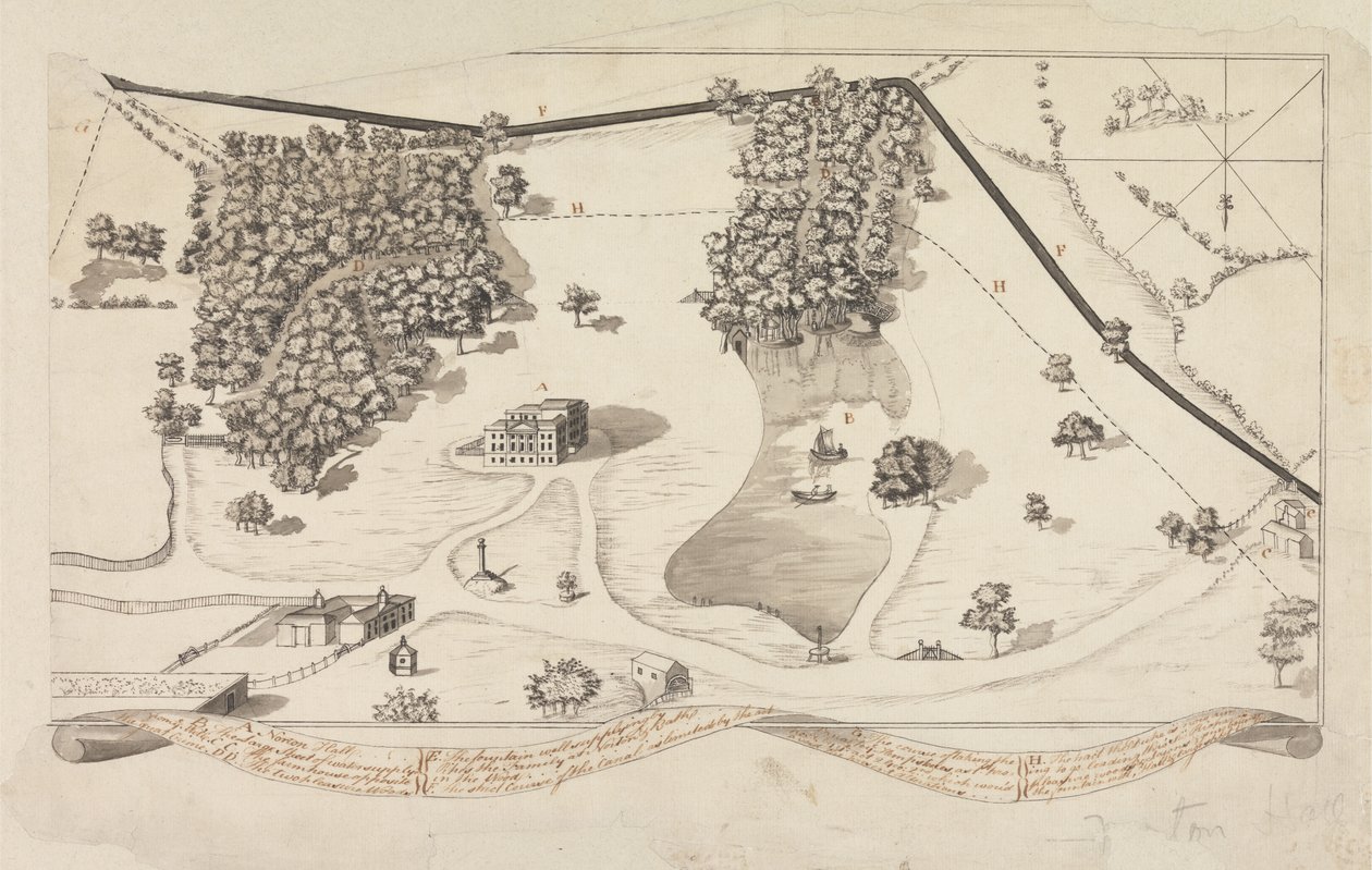 ನಾರ್ಟನ್ ಹಾಲ್, ನಾರ್ಟನ್ ಪ್ರಿಯರಿ, c.1750-60 (ಪೆನ್ ಮತ್ತು ಕಪ್ಪು ಶಾಯಿ ಮತ್ತು ಕಾಗದದ ಮೇಲೆ ಬೂದು ತೊಳೆಯುವುದು) ಟರ್ಕ್‌ನಲ್ಲಿರುವ ಉದ್ಯಾನವನದ ಯೋಜನೆ by English School