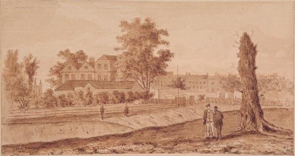 Stoke Newington Green, paraflanmış H.F., 1860 (sepya) by English School