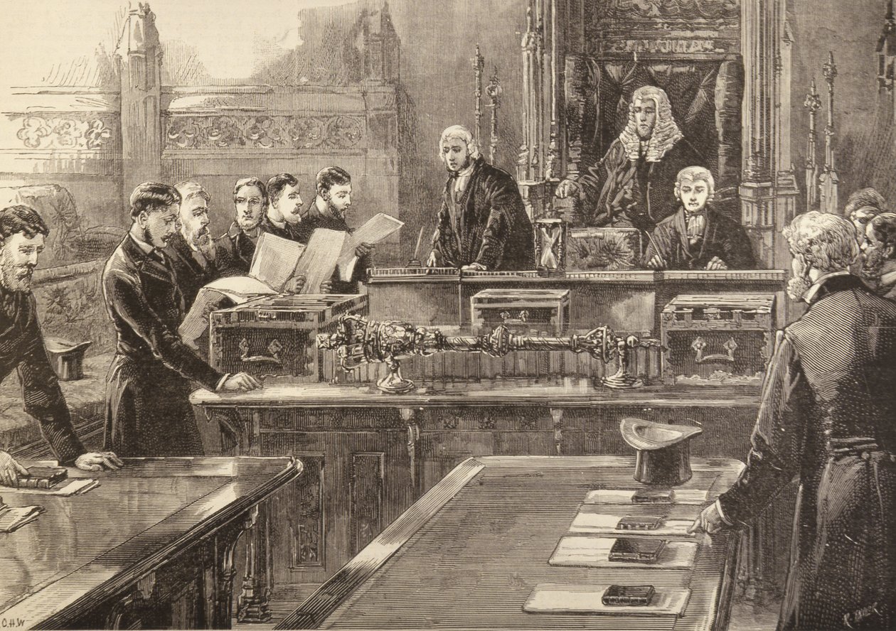 Parlamentonun Açılışı: Yemin Eden Üyeler, R. Taylor tarafından kazınmış, The Illustrated London News, 23 Ocak 1886 by English School