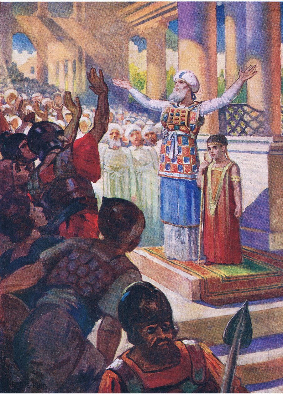 Joash adlı çocuk, Thomas Nelson tarafından yayınlanan İncil Resimli Kitaptan, 1950 dolaylarında kral olarak taç giydi by English School