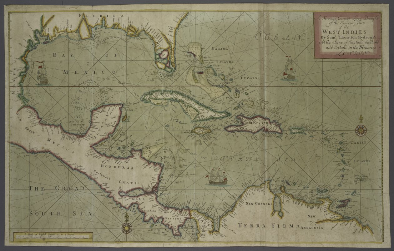 Batı Hint Adaları ticaret haritası, 1707 (el renkli baskı) by English School