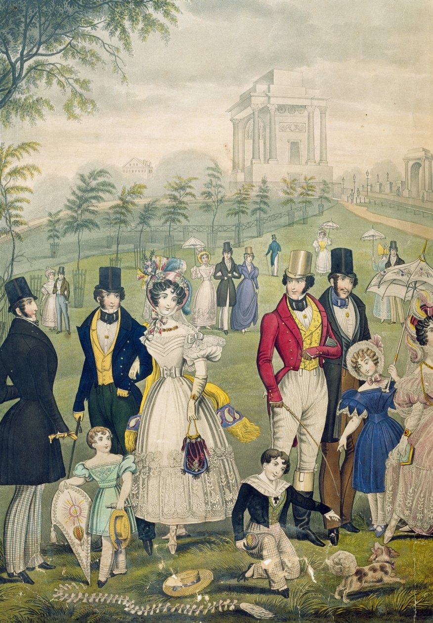 Green Park'ın görünümü, Londra, zamanın modasını gösteriyor, sol tarafın detayı, 1830 dolayları (ayrıca bkz. 122099) by English School
