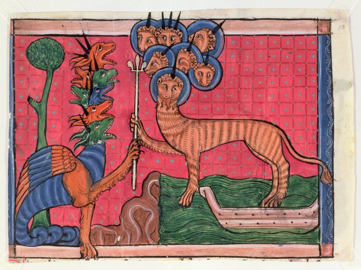 Apocalypse Minatures: The Dragon Waging War ve The Beast of the Sea, 1295 dolayları (parşömen üzerinde tempera) by French School