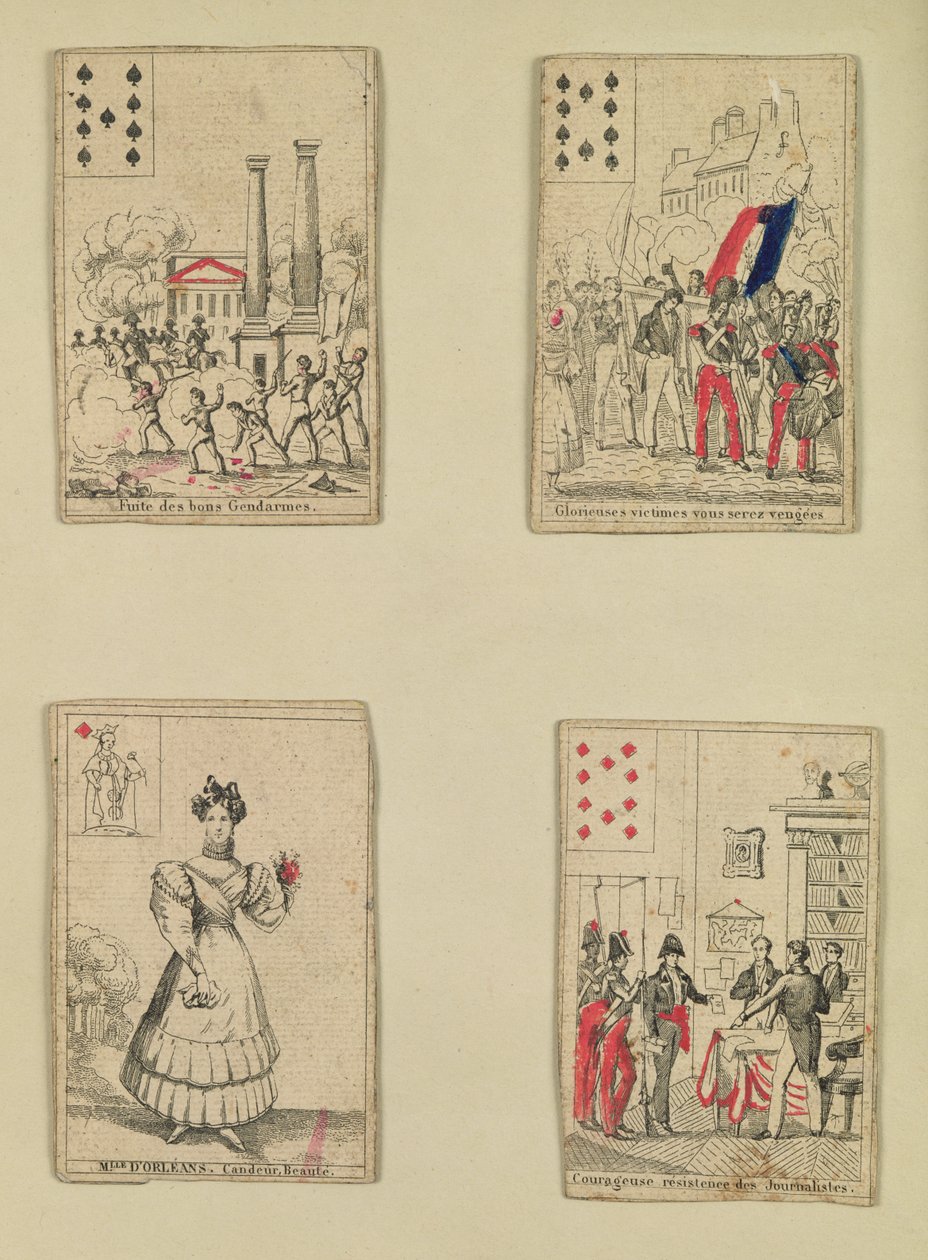 Temmuz 1830, 1831 kahramanlarını anan dört oyun kartı by French School