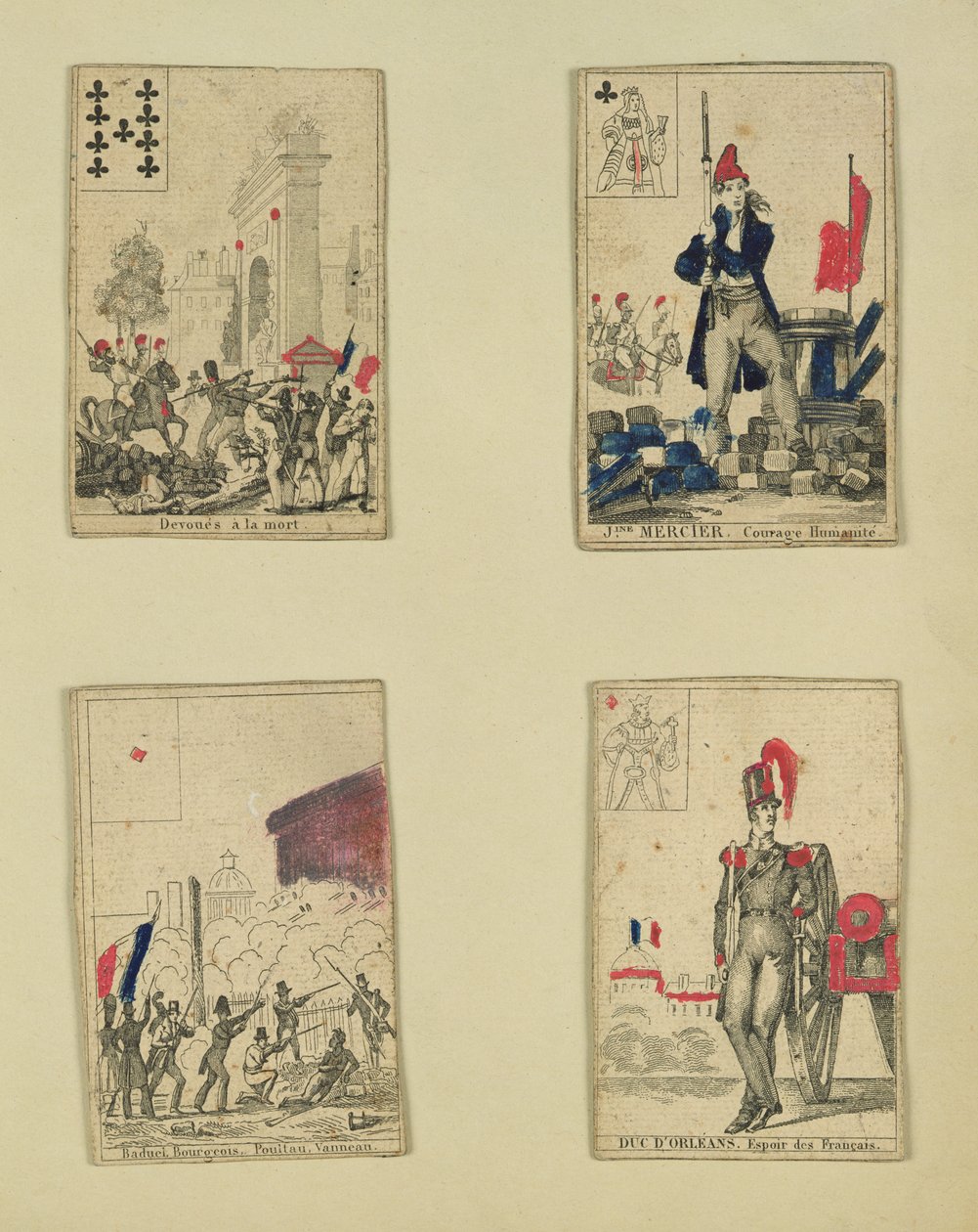 Temmuz 1830, 1831 kahramanlarını anan dört oyun kartı by French School
