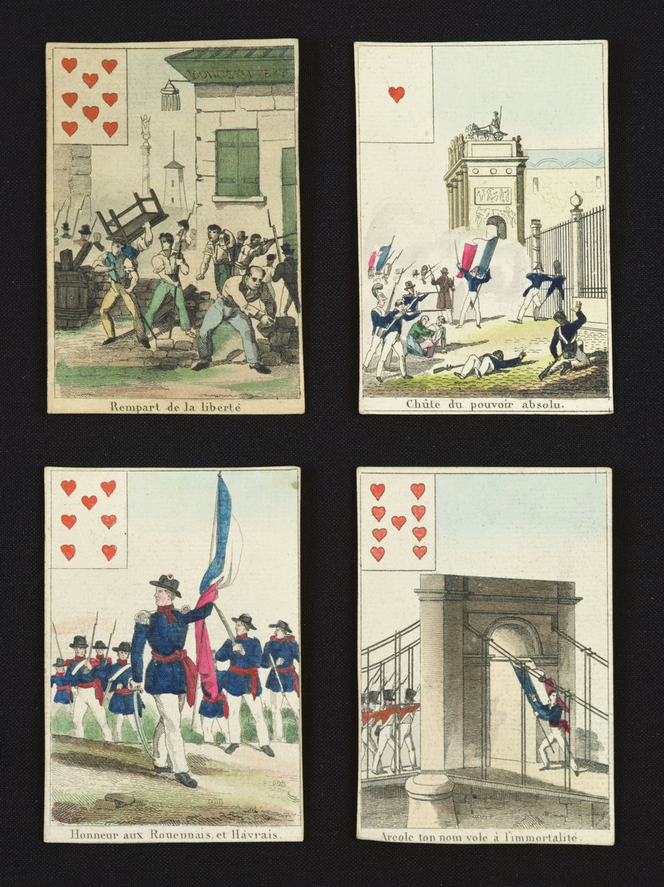 Temmuz 1830, 1831 kahramanlarını anan dört oyun kartı by French School