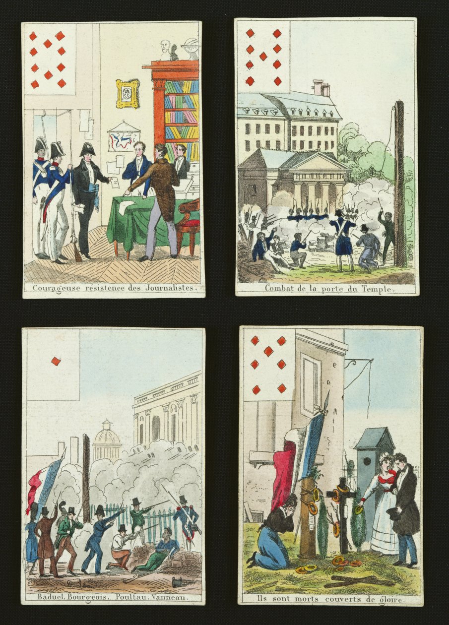 Temmuz 1830, 1831 kahramanlarını anan dört oyun kartı by French School
