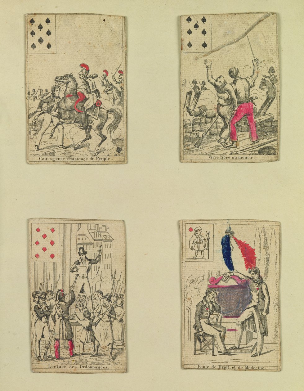 Temmuz 1830, 1831 kahramanlarını anan dört oyun kartı by French School