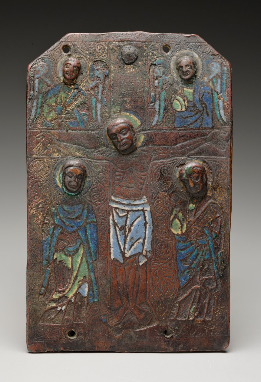 Çarmıha gerilmeyi tasvir eden bir rölyef kasasından bir plak parçası, 11751200 (bakır üzerinde yaldız izleri olan şampanya emayesi) by French School