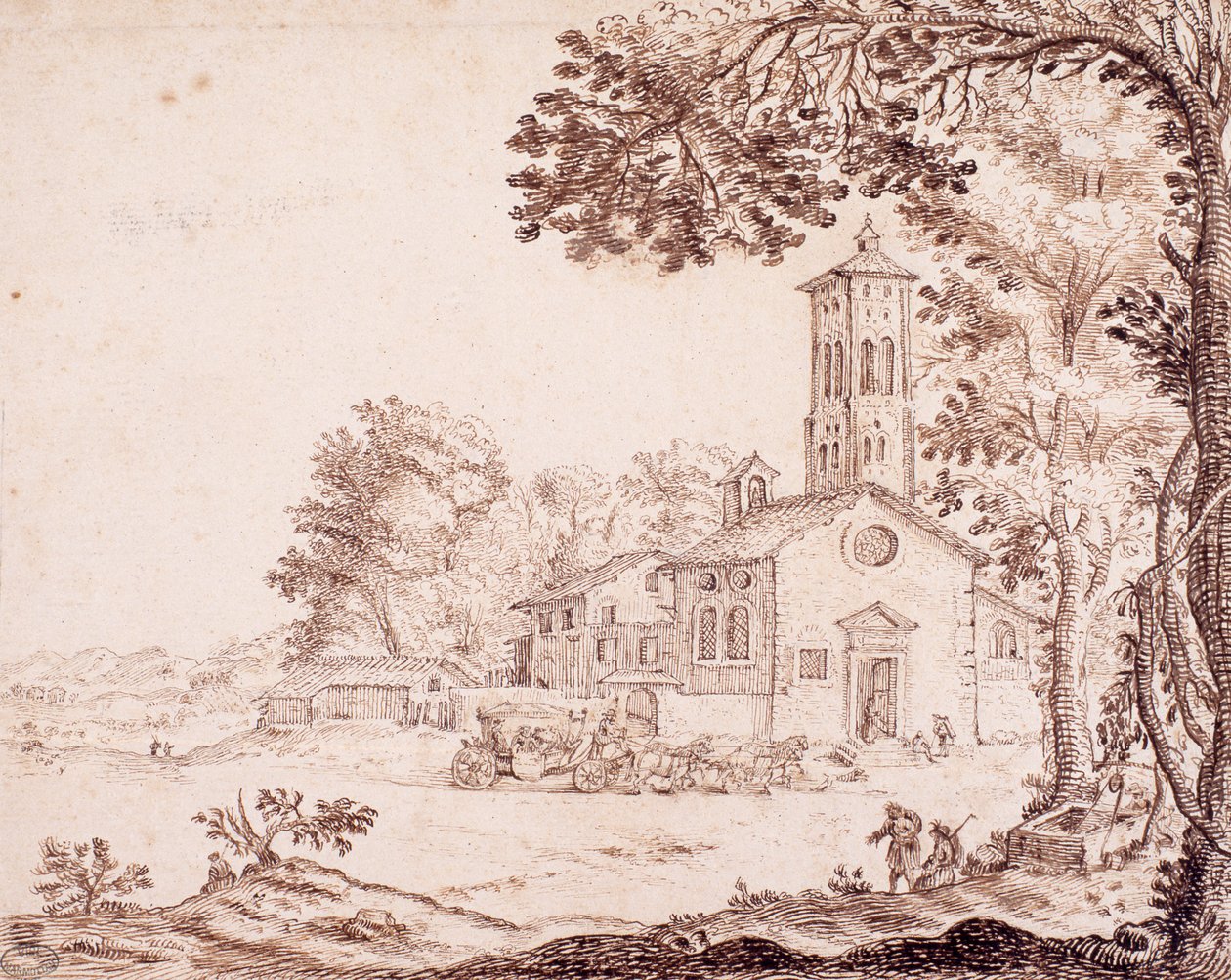 Peyzaj, kilise ve koç by French School