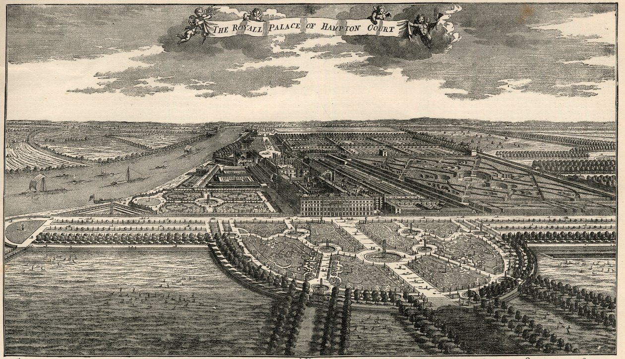 William III tarafından ortaya konan parktaki caddeleri gösteren Hampton mahkemesinin Kraliyet alanının haritası. by French School