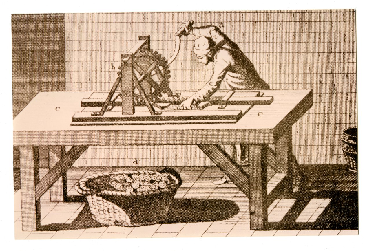 Paraların kenarlarını paralel çubuklu kenar işaretleme makinesiyle işaretleme, Encyclopédie, Denis Diderot ve Jean le Rond dAlembert, 1771 by French School