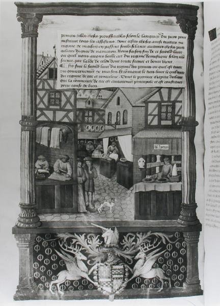 Ms 5062 fol.149v Mağazaları ve arması Robert Stuart, Marechal dAubigny Lucrece, Livre de Gouvernement des Princes, Gilles de Rome by French School