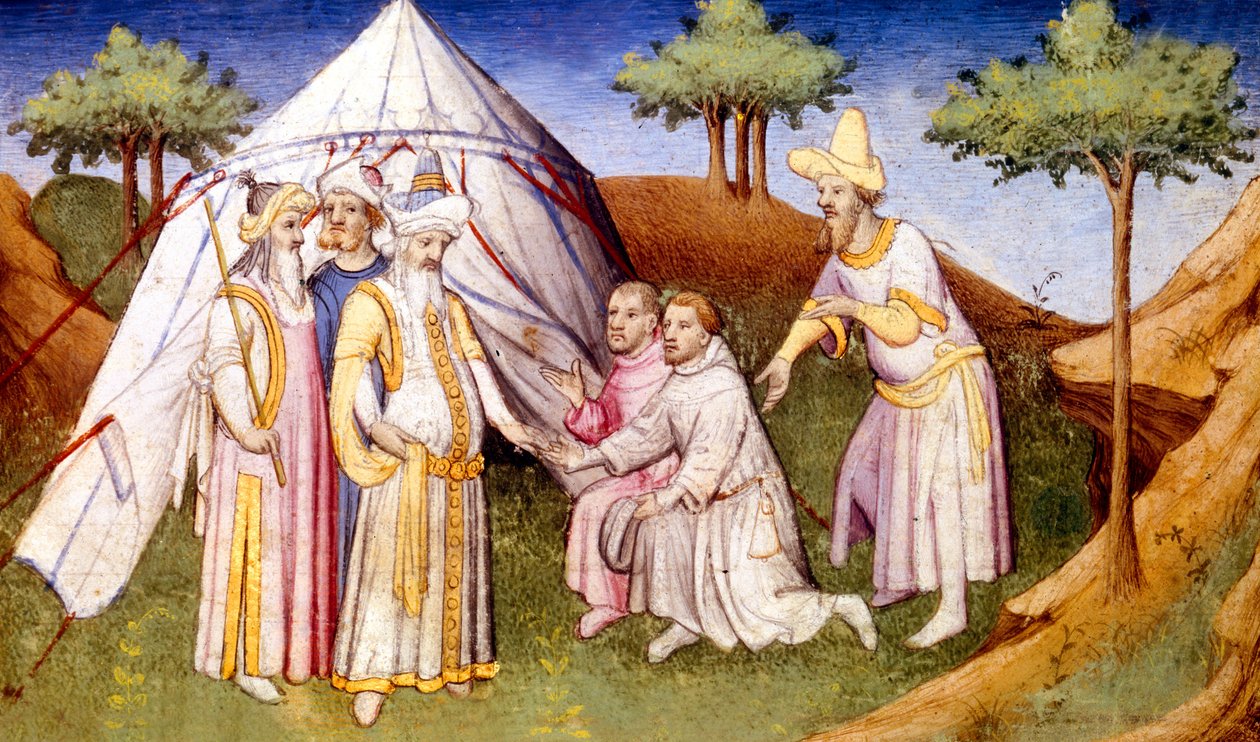 Ms Fr 2810 f.2v, Kubilay Khan, Polo kardeşler tarafından karşılandı, Dünya Harikalar Kitabı